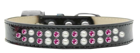 Two Row Pearl and Pink Crystal Size 12 Black Ice Cream Dog Collar